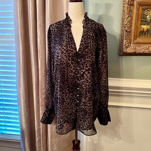 NWT Elie Tahari Leopard Cheetah Animal Print Ruffle Neck Blouse Top Shirt LARGE